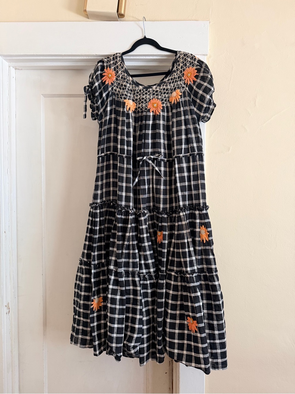 Innika Choo Avens Black Gingham Hand Embroidered Midi Dress OS